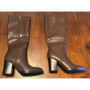 NWOB Women's Brown Knee High Boots Size 6 • Faux Leather Block Heel Zip